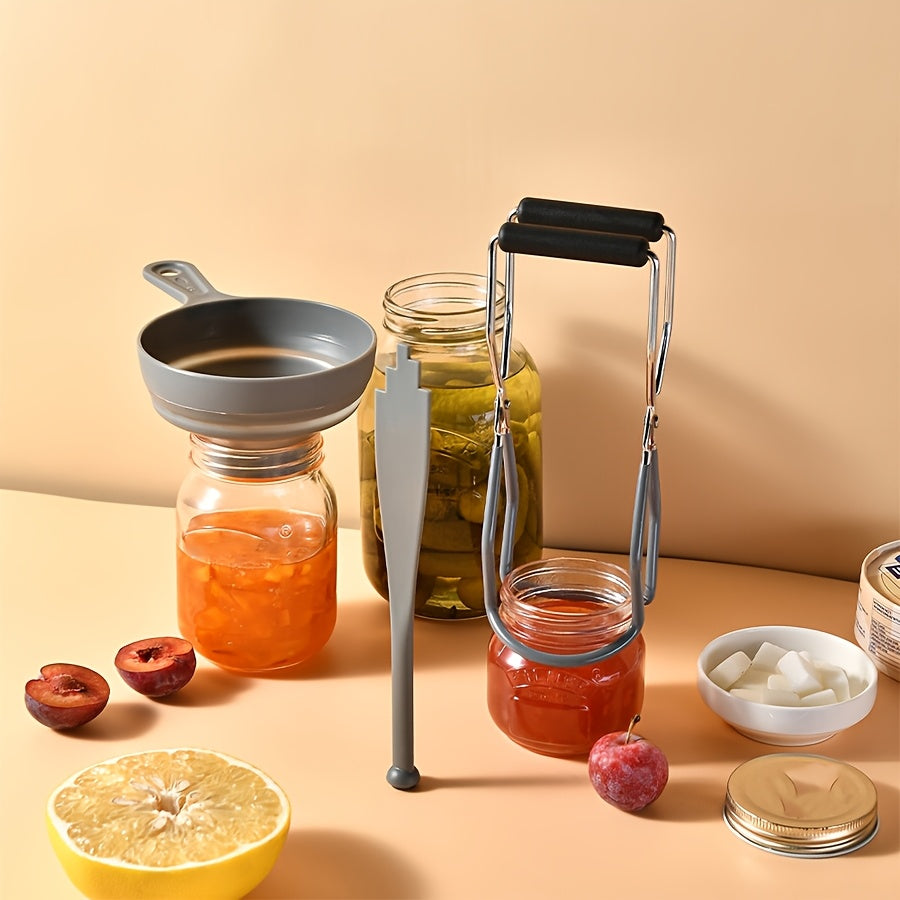 Juego de 3 piezas de herramientas de acero inoxidable para hacer mermelada con embudo, clip para tarro y elevador de tapas