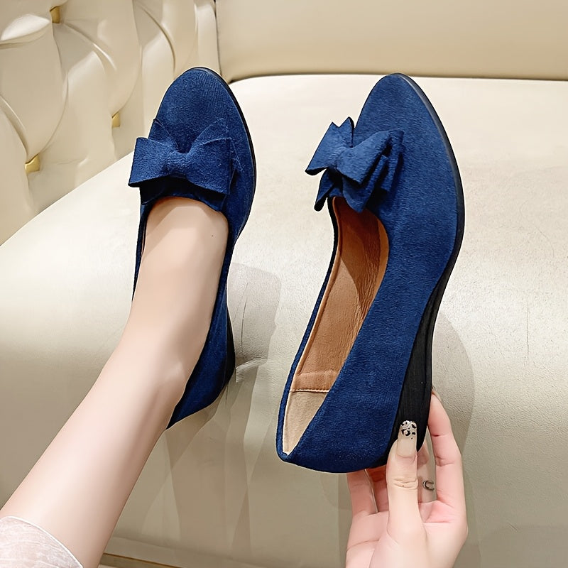 Women's Solid Color Handmade Bow Wedge Pumps Comfortable Round Toe Casual Shoes