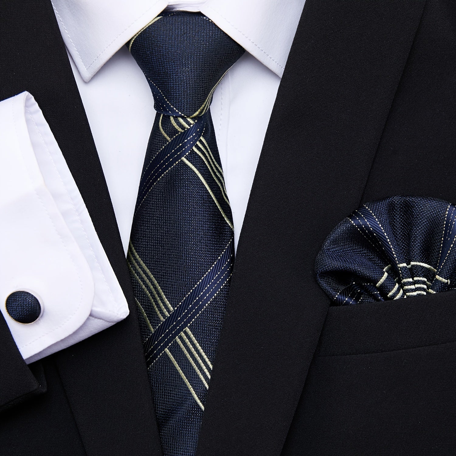 Men's Blue Jacquard Floral Tie Set with Pocket Square and Cufflinks for Weddings and Formal Events
