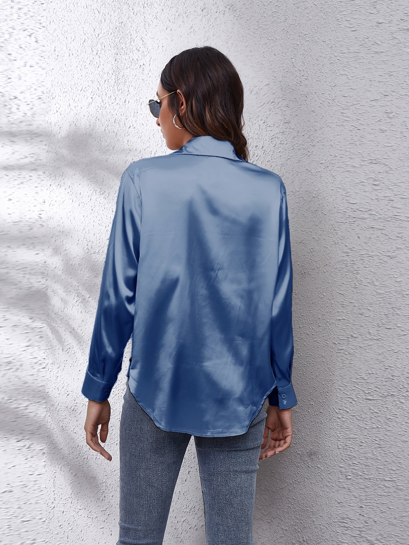 Women's Satin Shirt Long Sleeve Solid Color Lapel Collar Regular Length Single Breasted Elegant Polyester