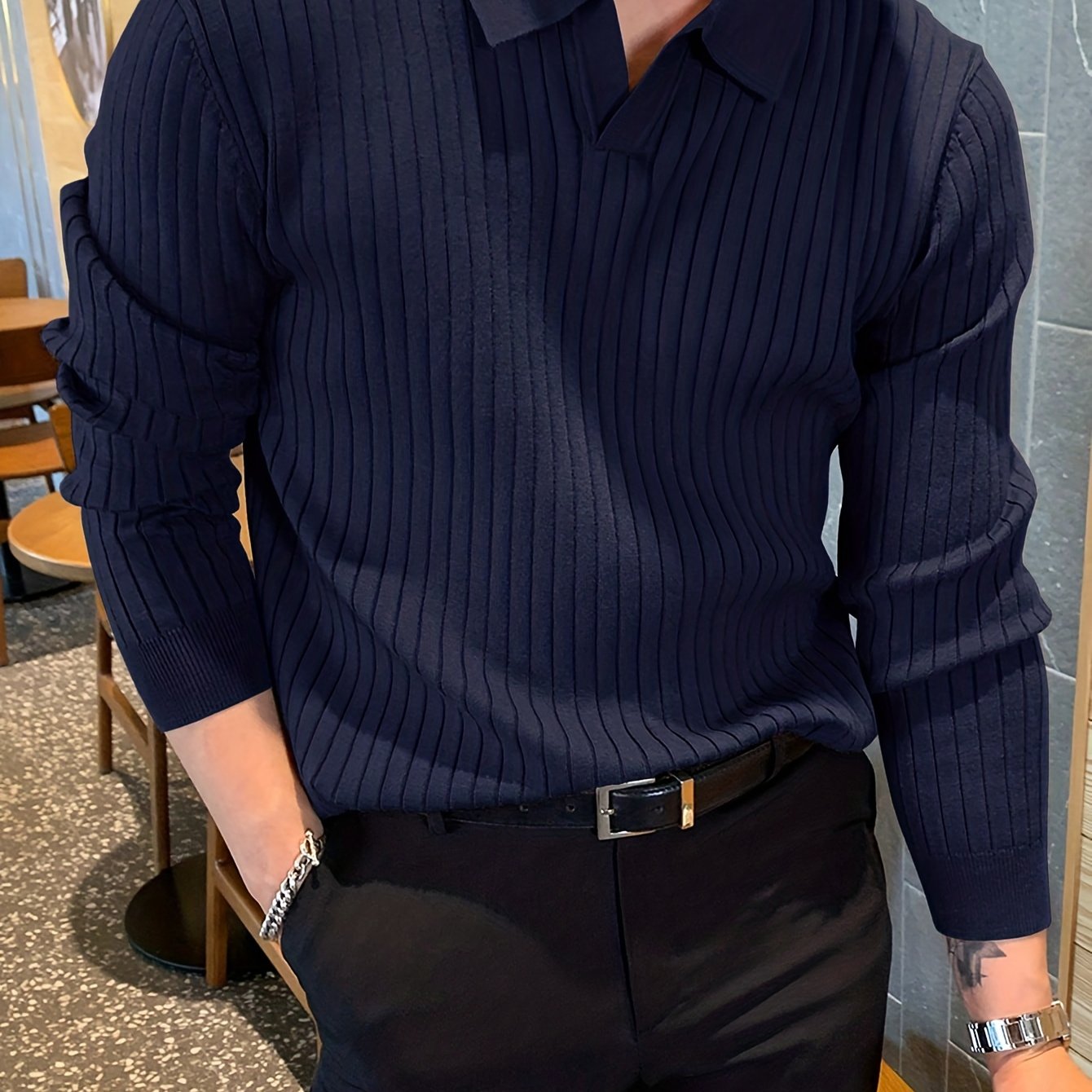 Men's V-Neck Sweater for Autumn and Winter Knit Fabric Solid Color Casual