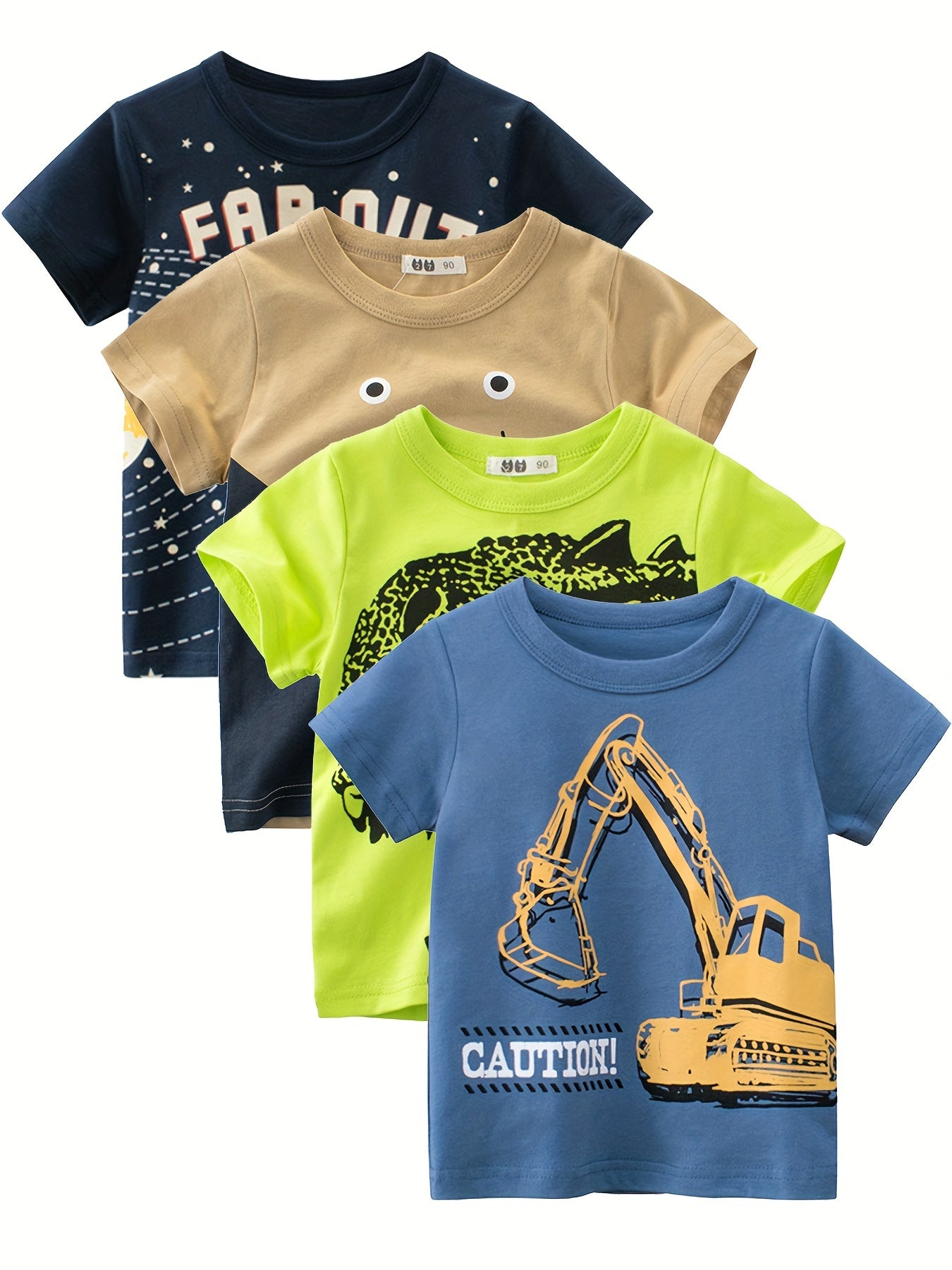 Set of Four Boys' Summer Cotton T-Shirts Short Sleeve Crew Neck Casual Clothing in Navy Beige Blue