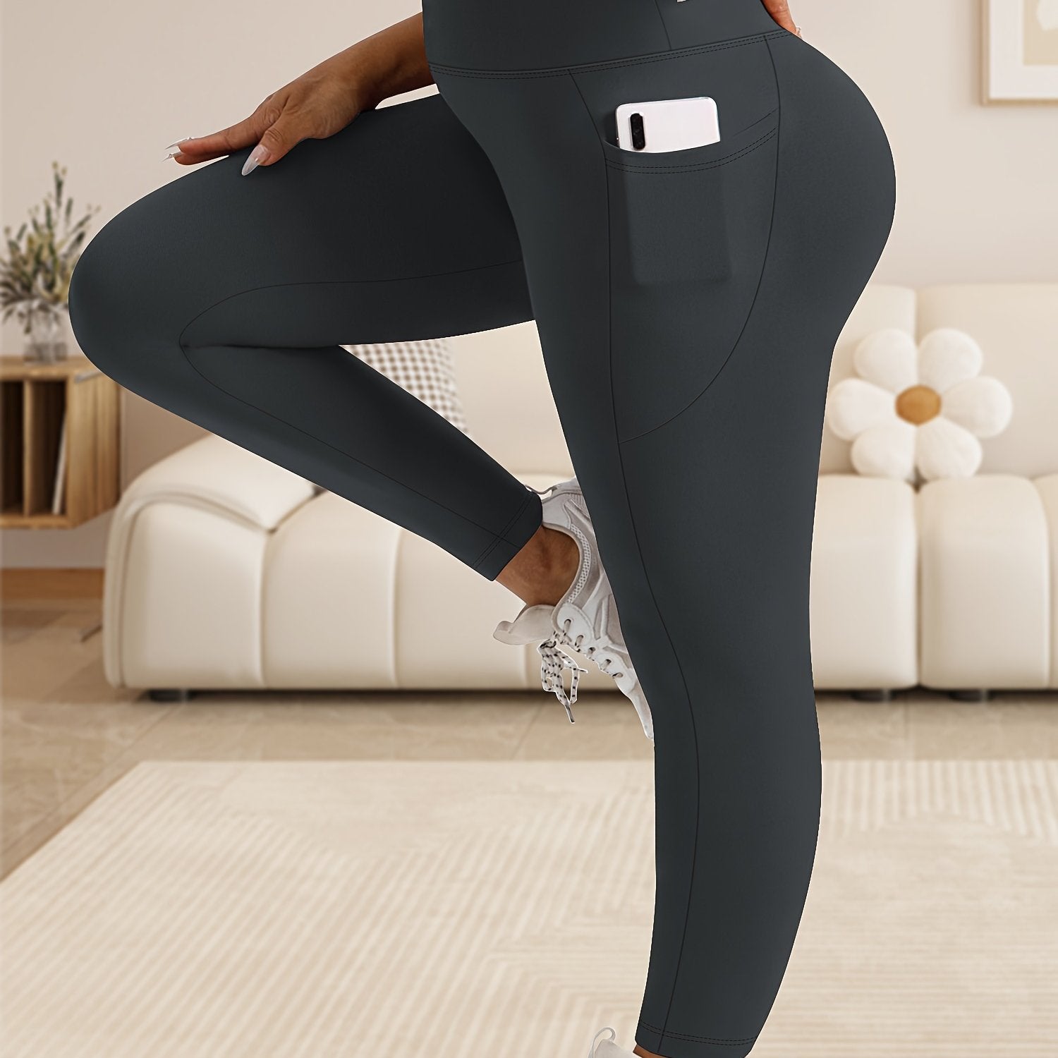Plus Size Women's High-Waist Leggings with Tummy Control and Moon Pocket