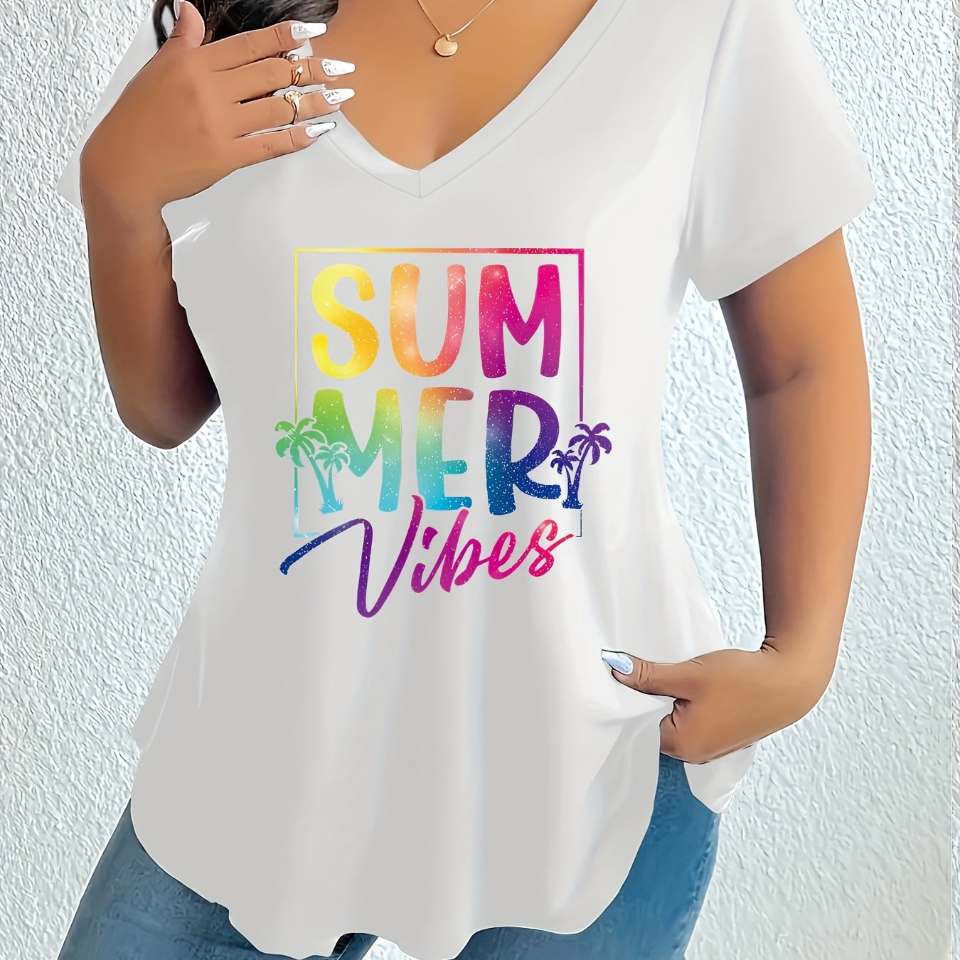 Women's Plus Size V-Neck T-Shirt Summer Graphic Short Sleeve Loose Fit