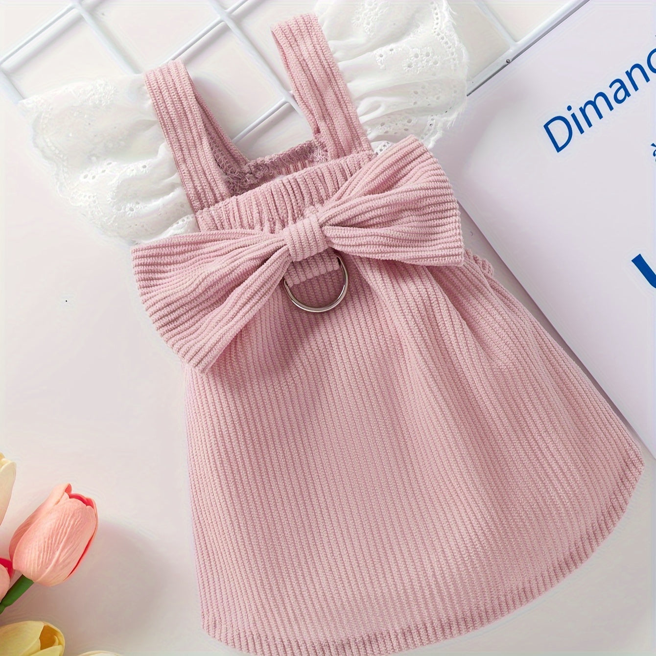 Dog Dress Small Breed Corduroy Bow Lace Sleeves Leash Ring Autumn Winter