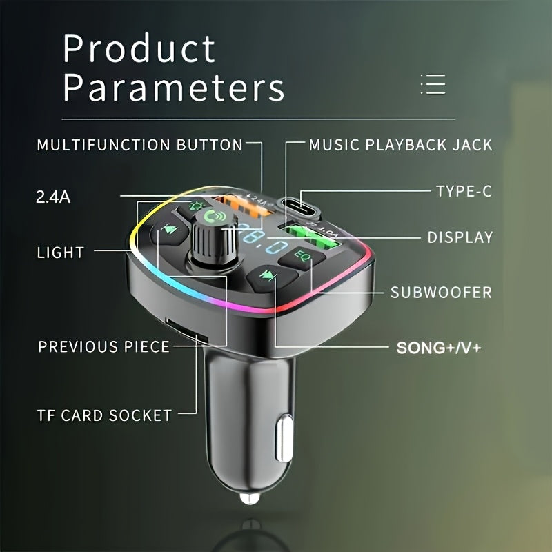 Wireless Car Charger FM Transmitter with Dual USB Fast Charging Multi-Color Ambient Light
