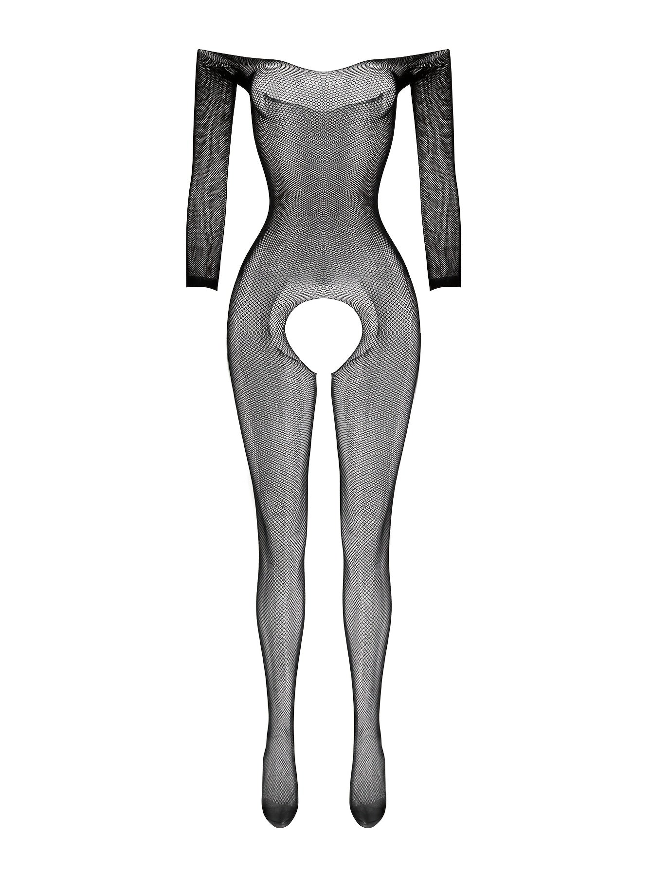 Women’s Mesh Bodysuit with Open Crotch and Long Sleeves