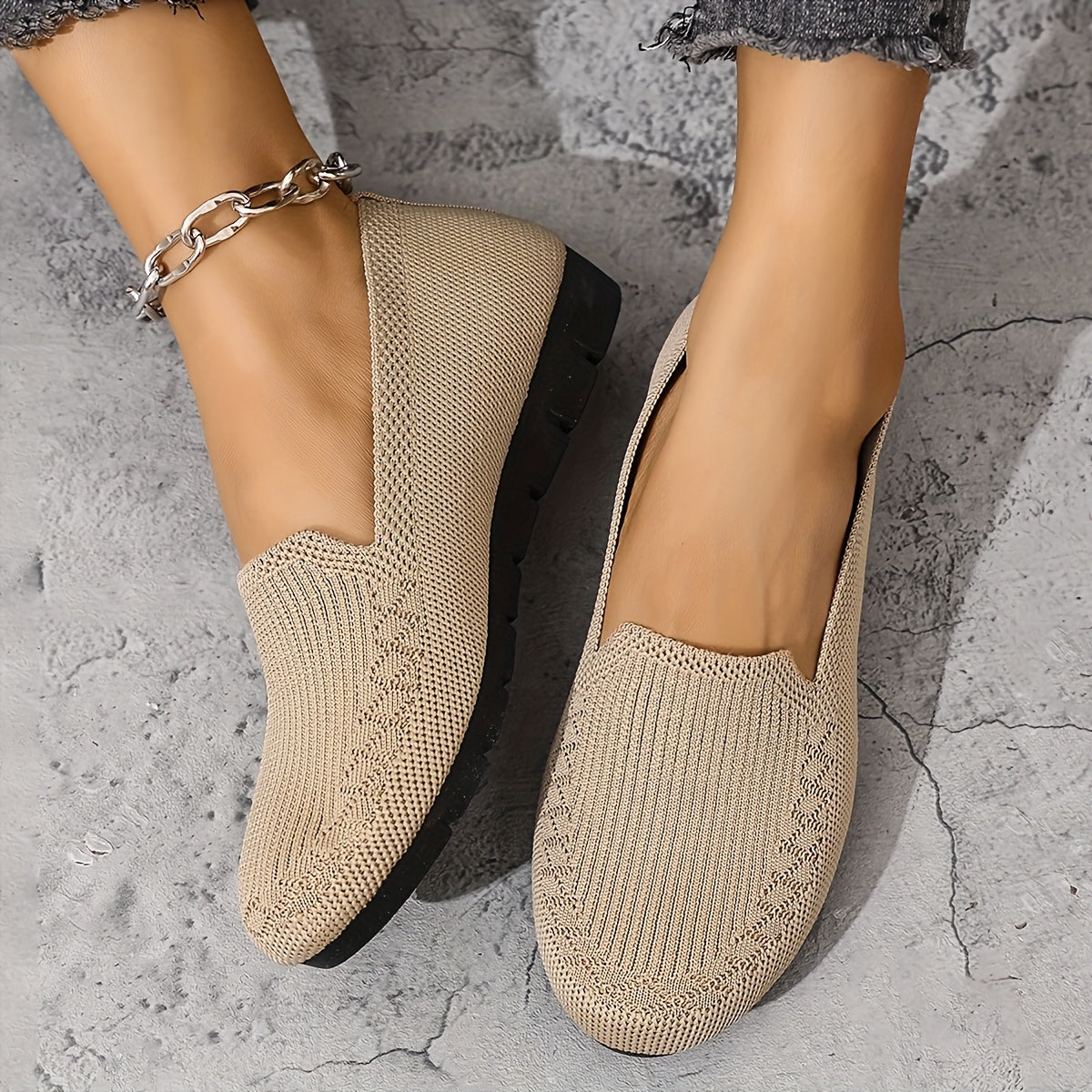 Женские вязаные лоферы однотонные легкие противоскользящие плоские туфли