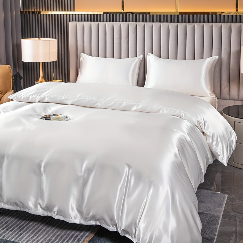 Set of Three Satin Duvet Cover and Pillowcases Solid Color Bedding Set