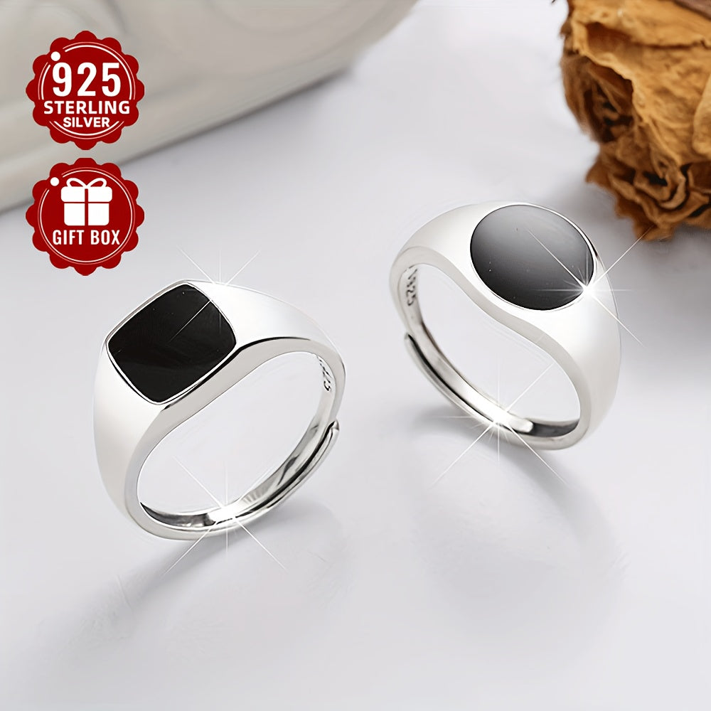Sterling Silver Couple Rings Black Enamel Square Beveled Edge Lightweight