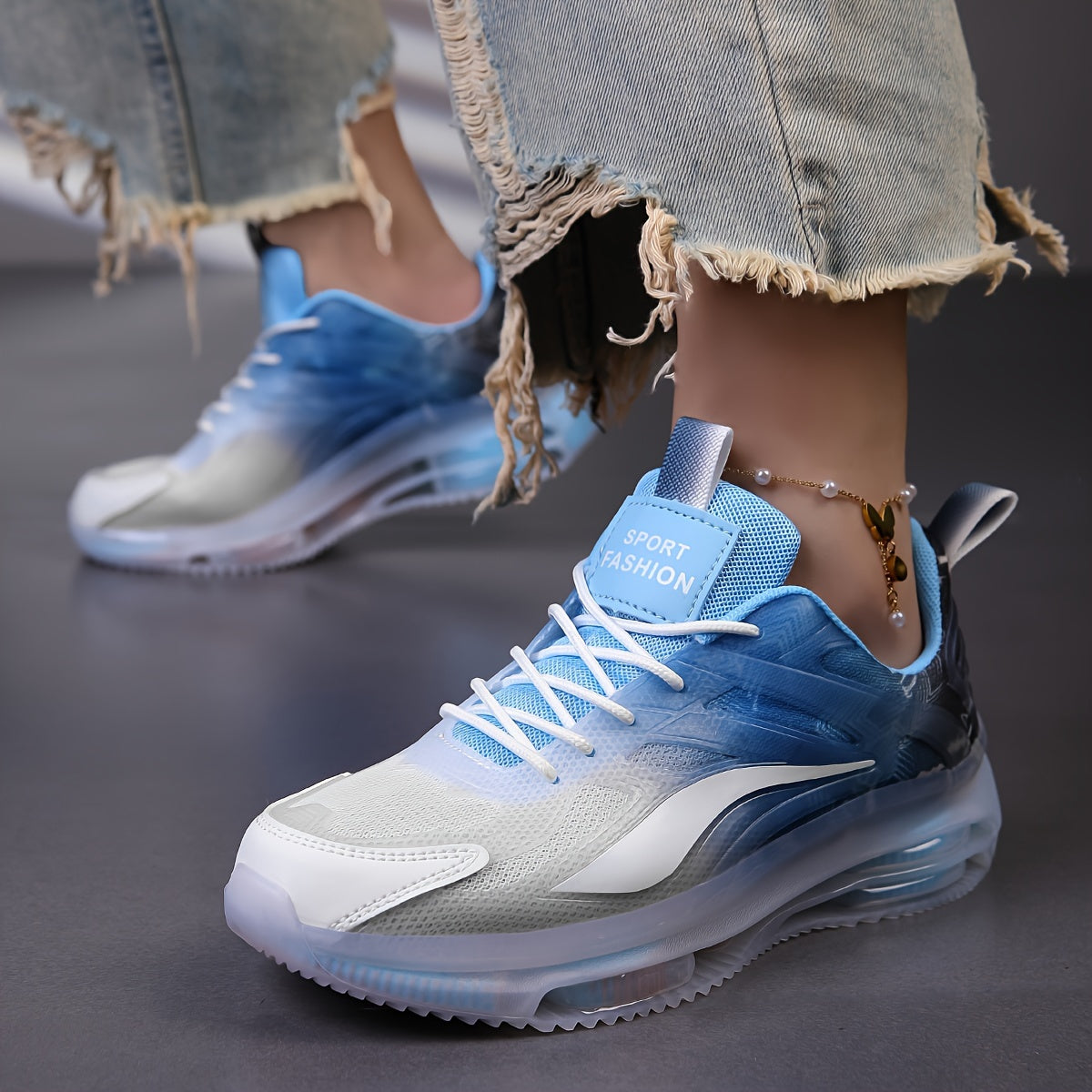 Breathable Mesh Sneakers Lightweight Casual Sports Shoes Blue White Gradient Low Top