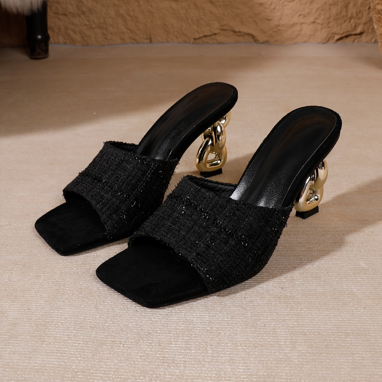 Women's Summer High Heeled Mules with 8-Shaped Block Heels Square Toe Slip-On Party Shoes