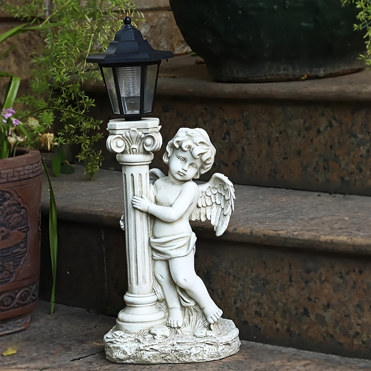 Outdoor Solar Angel Statue with Roman Column Design Garden Decor Street Lamp