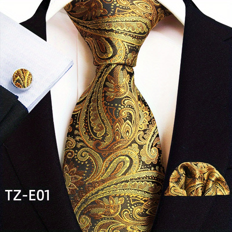 Set of 3 Paisley Jacquard Woven Neckties with Cufflinks and Pocket Squares for Men