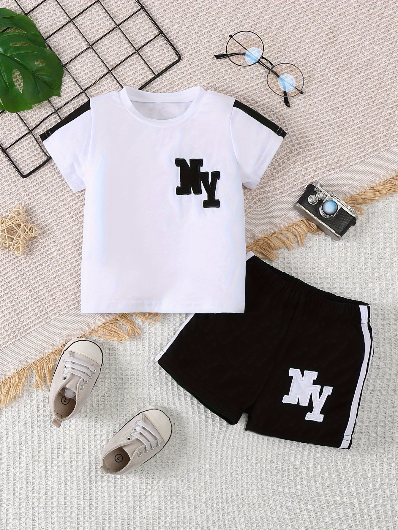 Kids Boys T-Shirt and Shorts Set Black and White Letter Print Polyester Spring Summer Movement Style