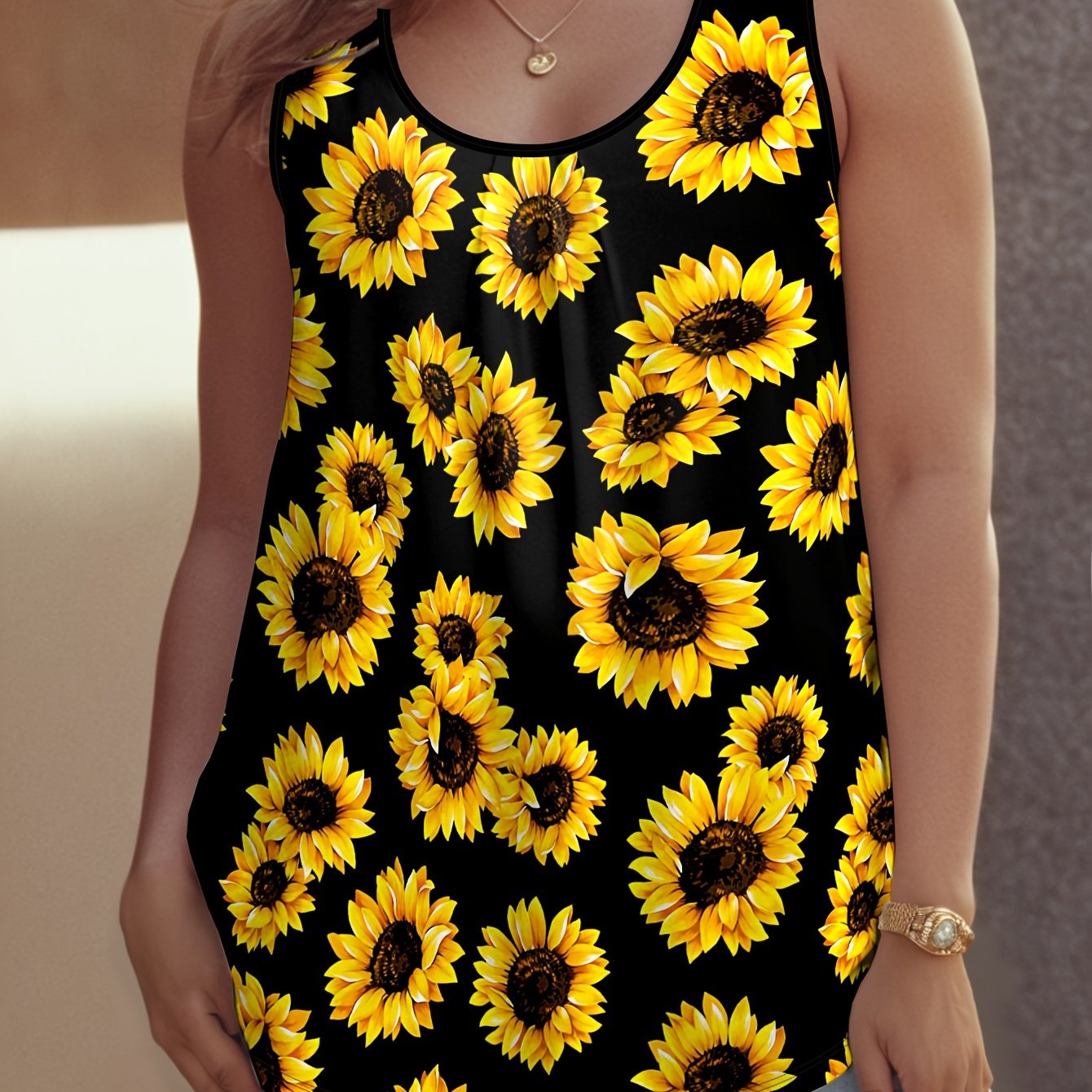 Plus Size Sunflower Print Tank Top Sleeveless Summer Women's Clothing