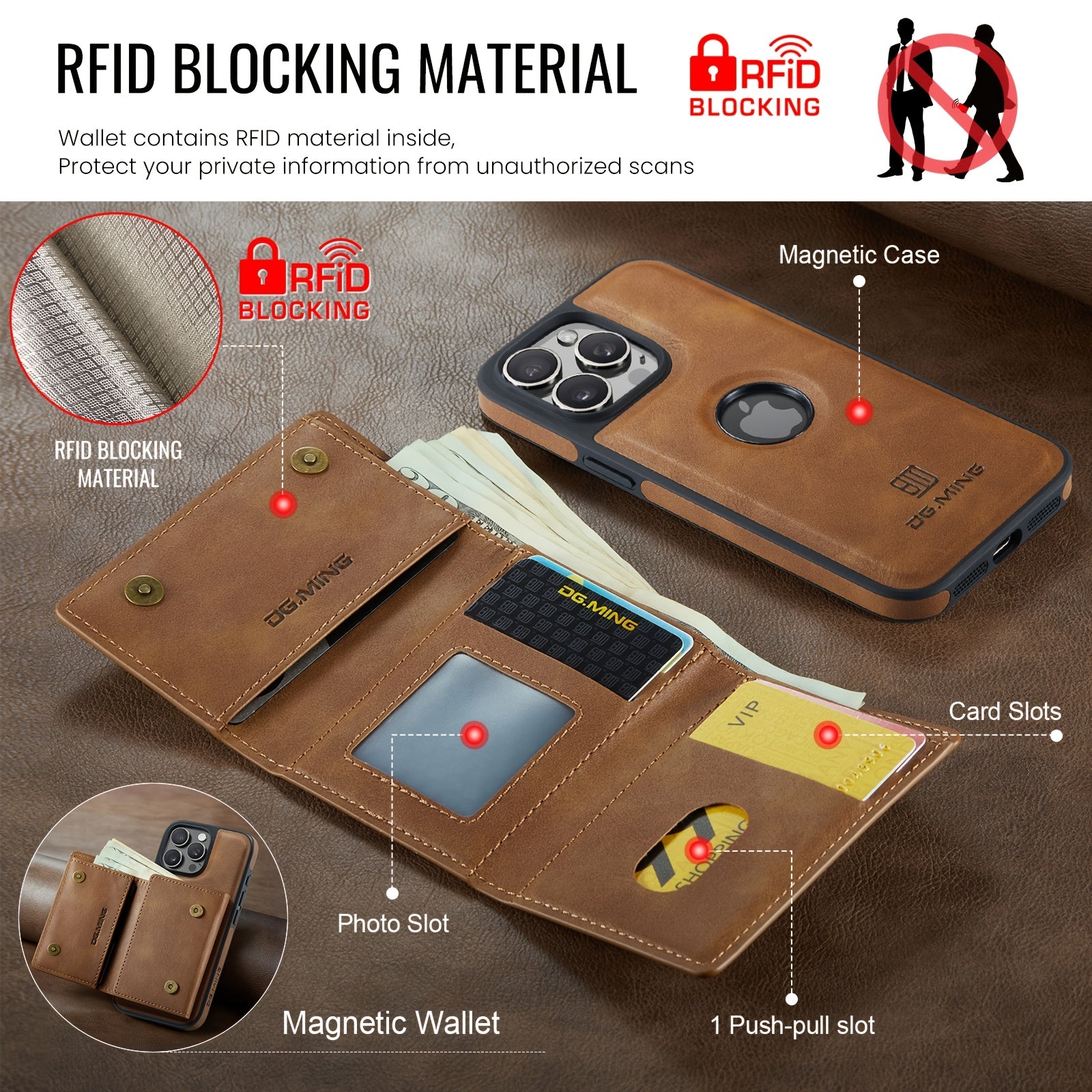Magnetic Faux Leather Wallet Case for iPhone with Card Holder RFID Protection Wireless Charging Stand