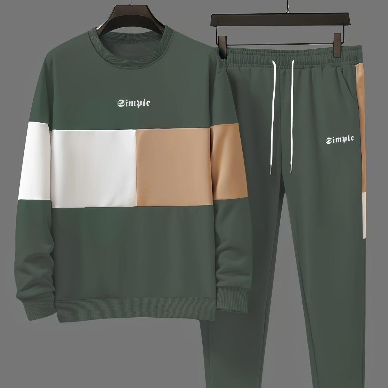 Men's Color Block Polyester Crew Neck Sweatshirt and Joggers Set for Spring and Fall