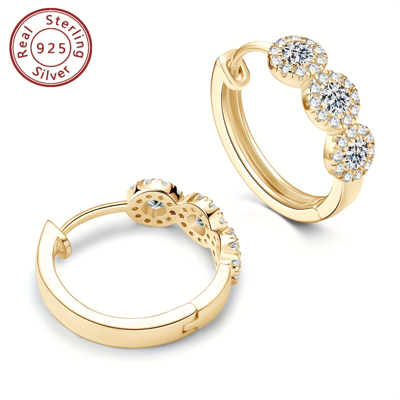 Sterling Silver Hoop Earrings with Moissanite and Zirconia 14K Gold Plated for Women