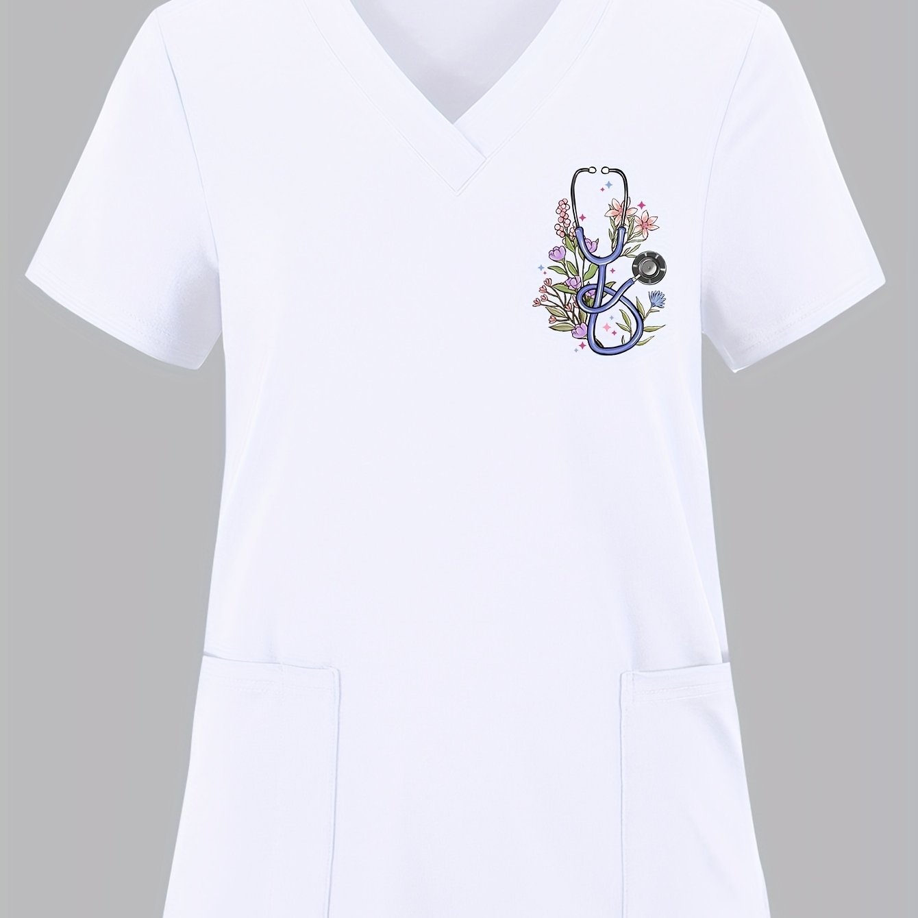 Women's Floral Stethoscope Print Scrub Top with Pockets Short Sleeve Medium Stretch Knit Fabric