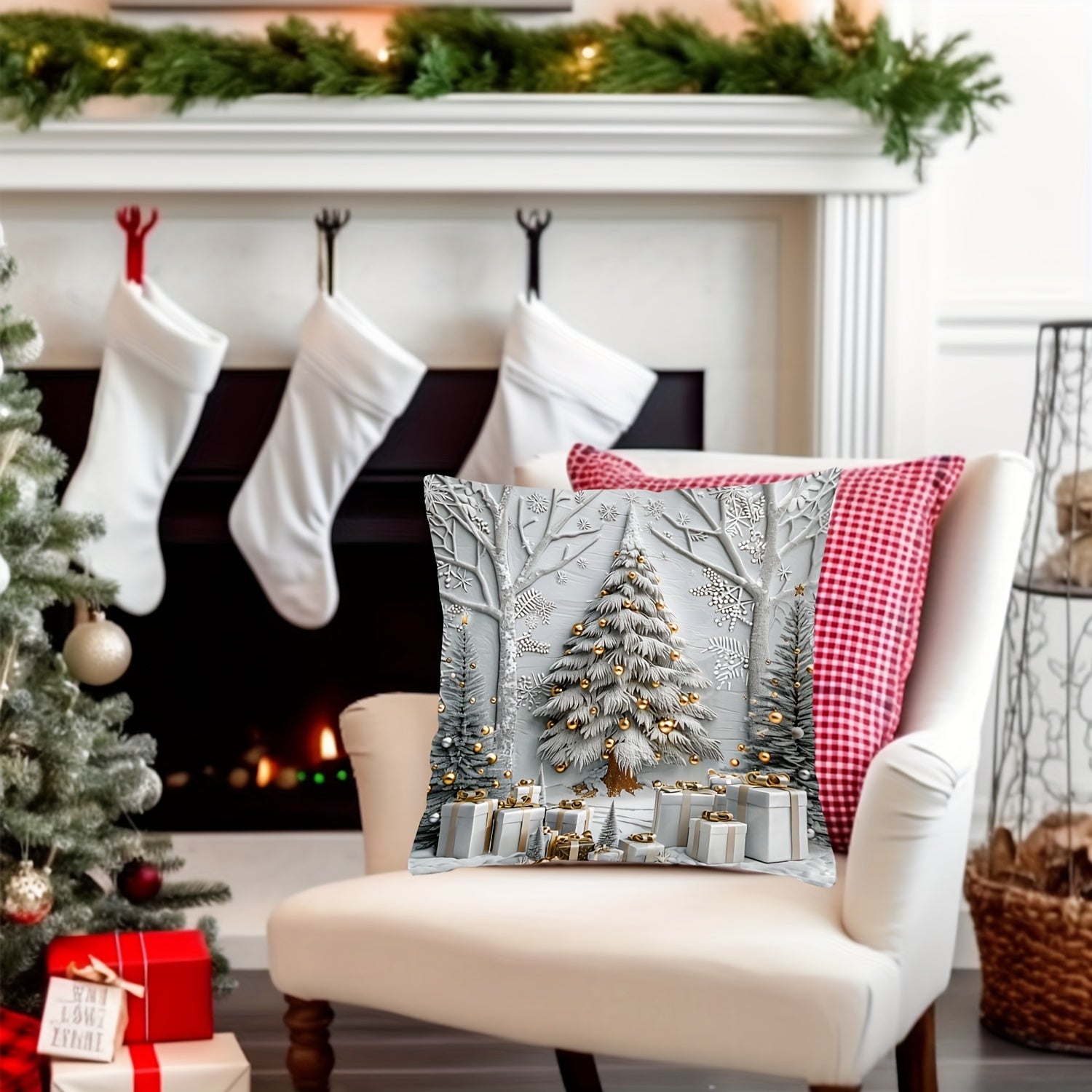 Christmas Tree and Gifts Pattern Throw Pillow Cover 44cm x 45cm Polyester Sofa Decor