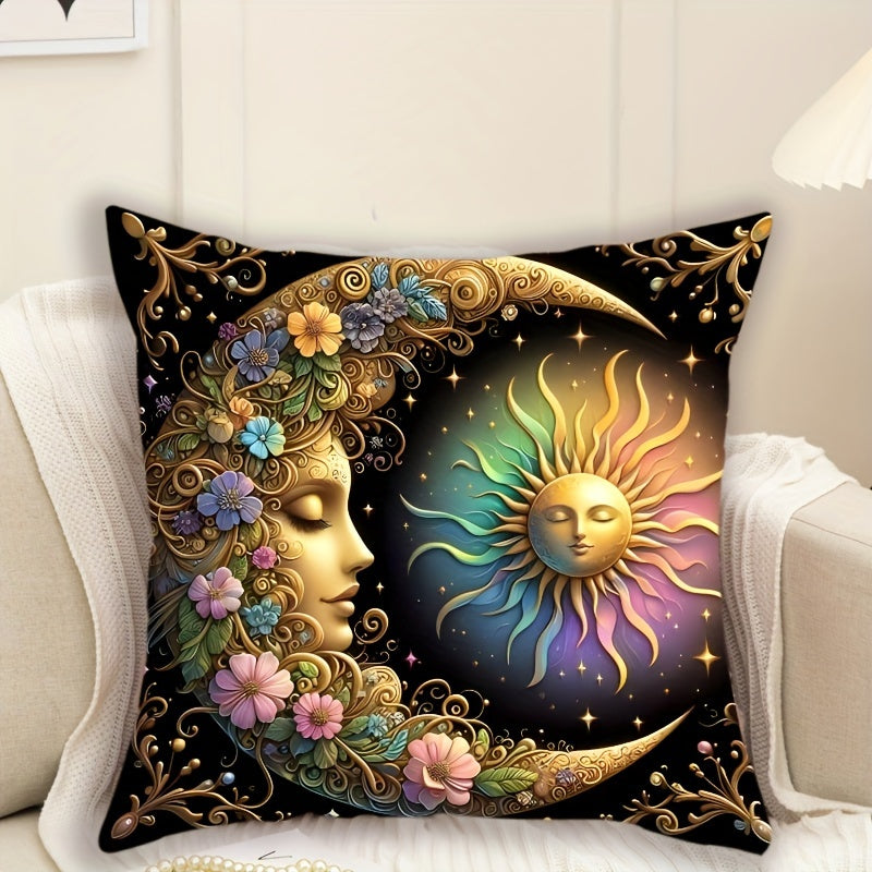 Celestial Sun and Moon Decorative Pillow Cover 44.96x44.96 cm Polyester Knit Washable
