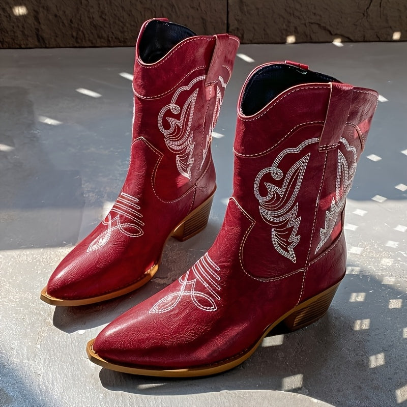Women's Western Knee-High Cowboy Boots Red Faux Leather Embroidered Pointed Toe