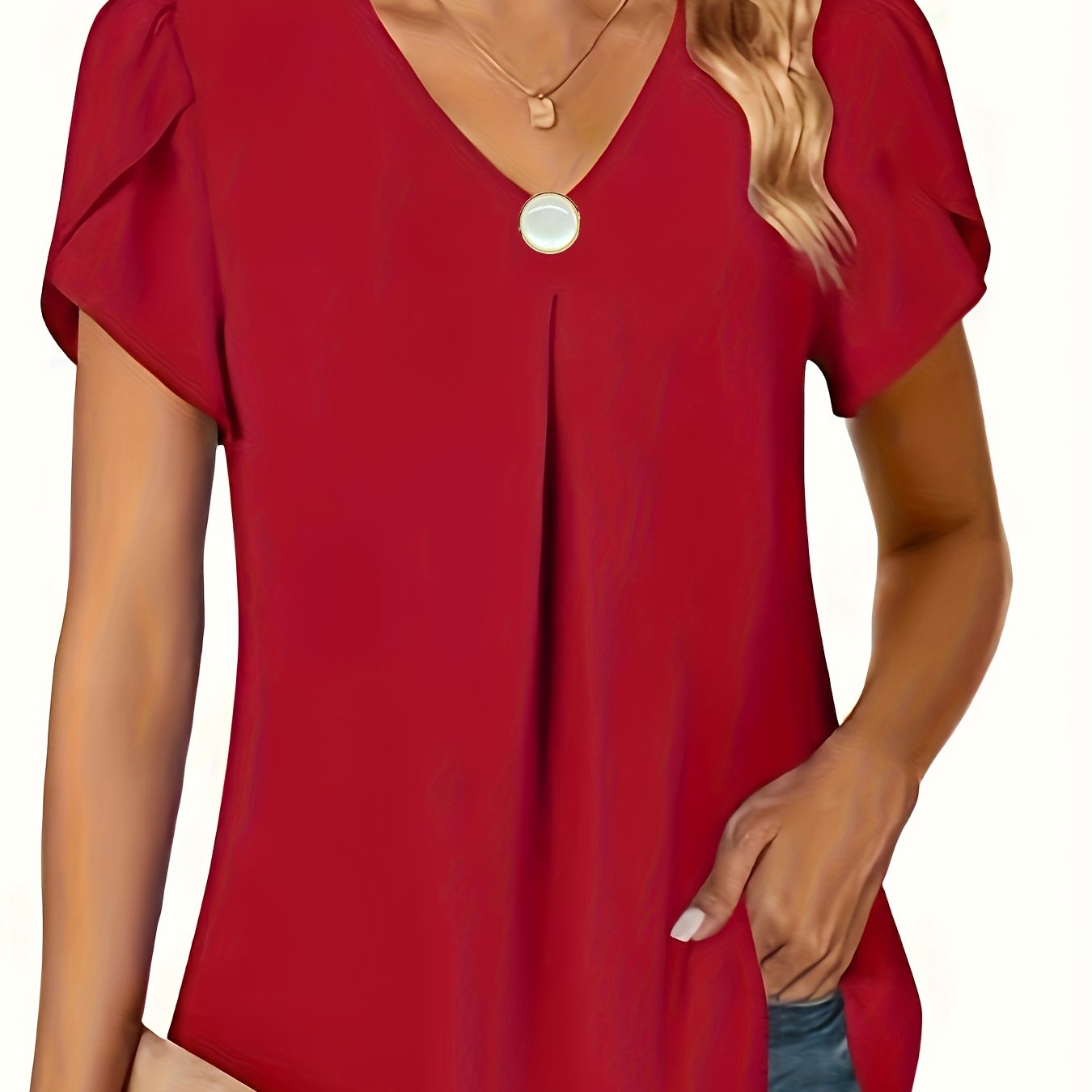 Women's Chiffon V-Neck Blouse with Ruffles Short Sleeves Elastic Waist Solid Color