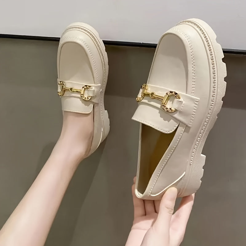 Women's Loafers with Metallic Buckle Straps Casual Beige and Black TPU Shoes