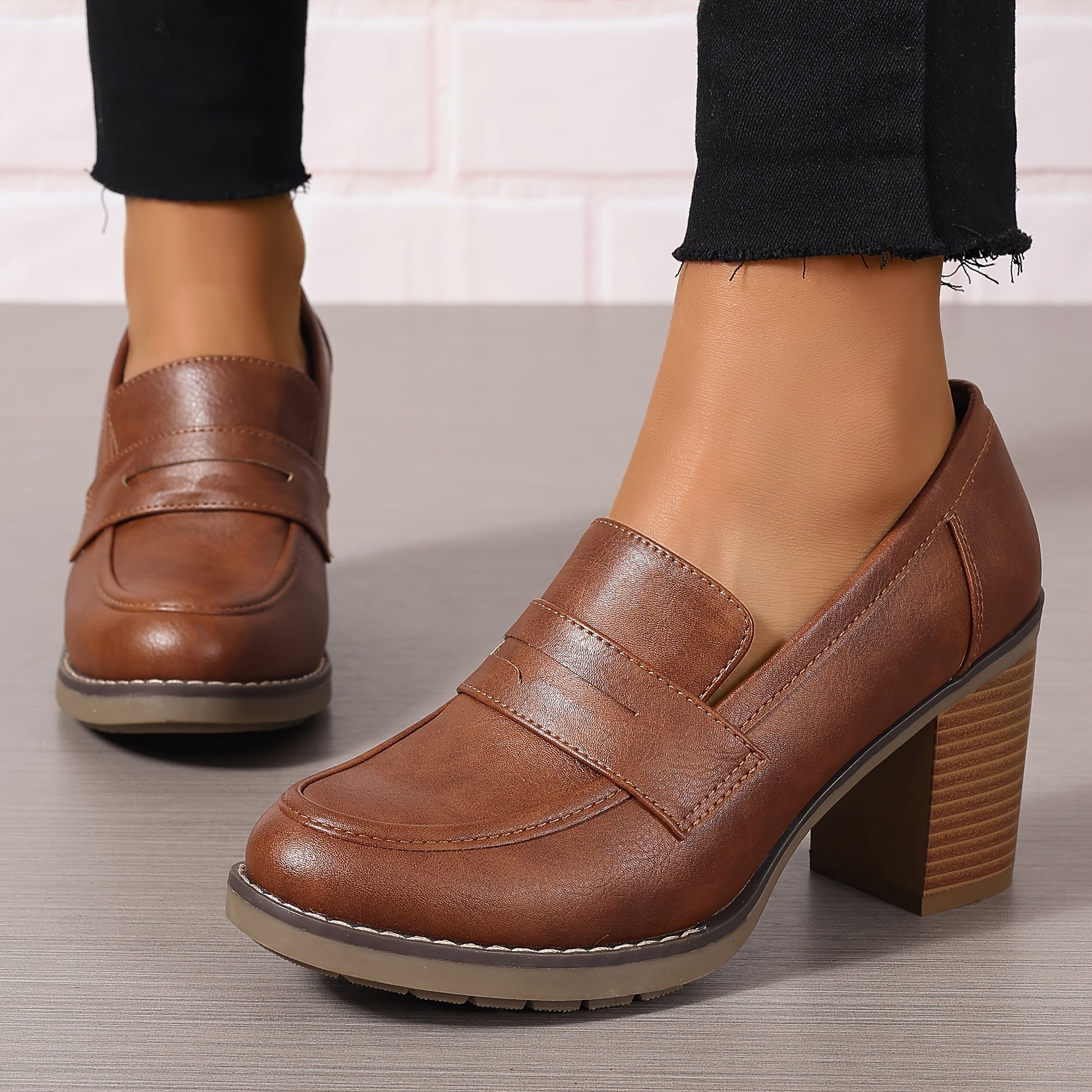 Women Slip-On High Heels Brown Faux Cover Round Toe Block Heel