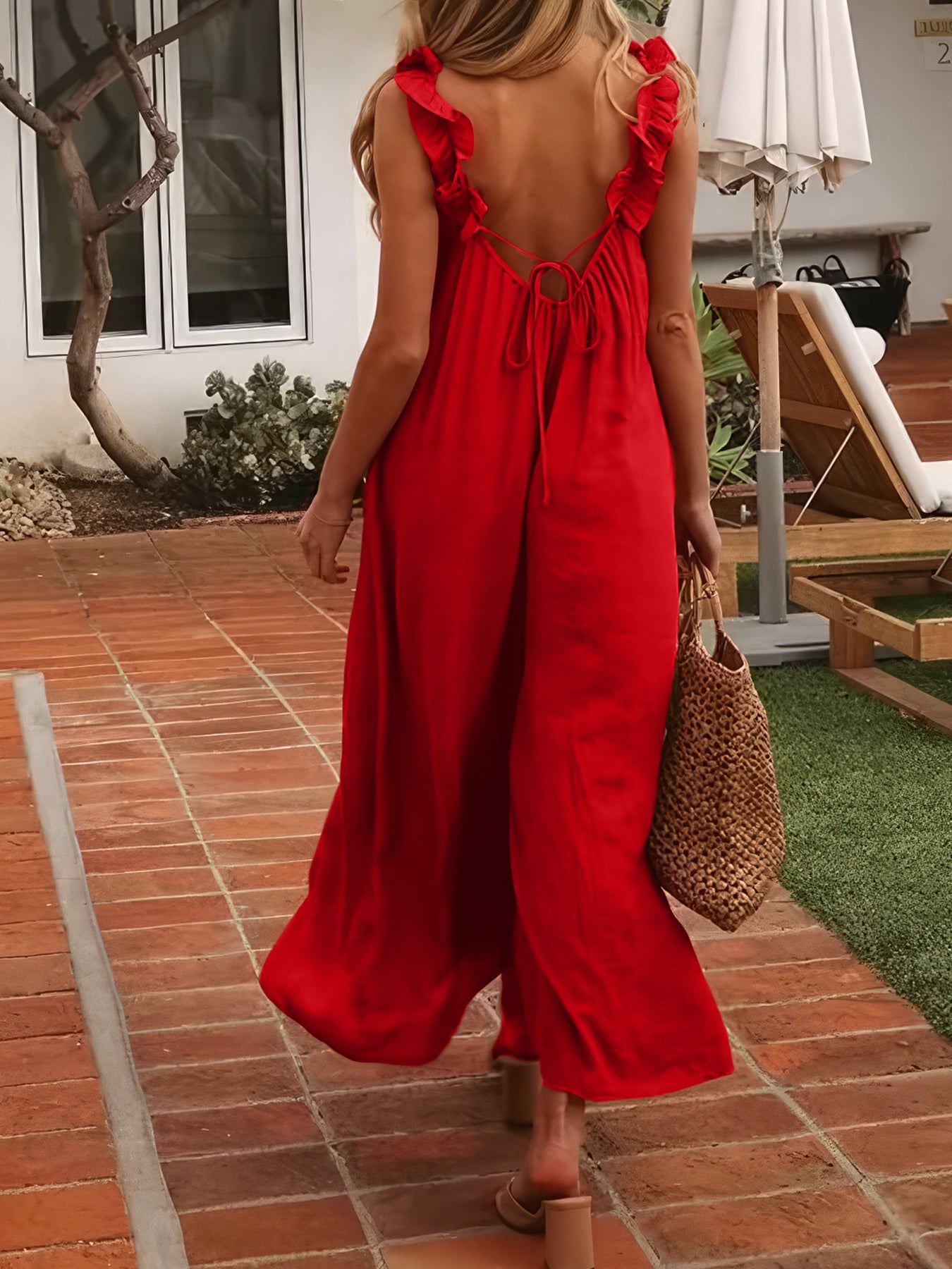 Plus Size Yellow Halter Neck Jumpsuit Ruffle Detail Sleeveless Vacation Wear