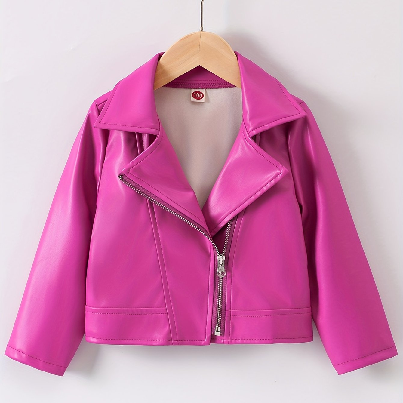 Faux Leather Jacket for Kids with Lapel and Diagonal Zipper Short Length Fall Winter