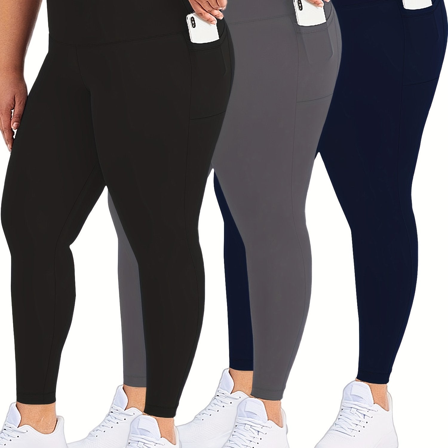 Plus Size Womens Black Pockets High Waisted Tummy Control Leggings Set