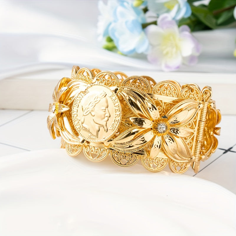 Gold-Plated Bridal Bangle with Floral and Coin Design for Women Wedding Party
