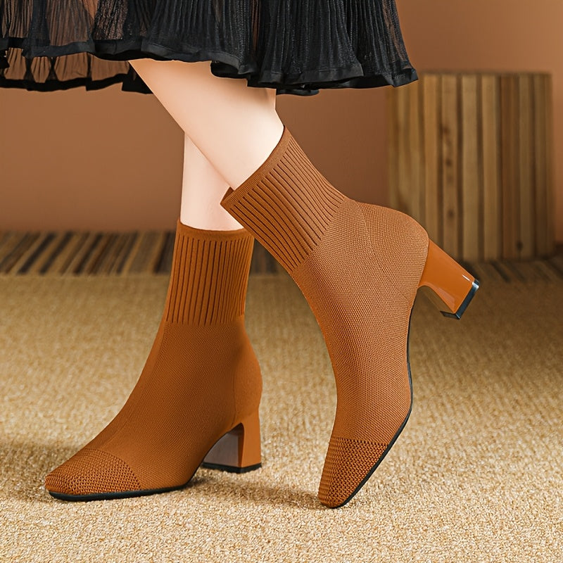 Women's Fabric Square Toe Ankle Boots Casual Slip-On High Heel Mid-Calf Shoes