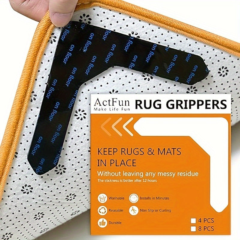 4/8pcs Black Silicone Non-Slip Rug Pads for Carpet Grip and Anti-Curl Backing