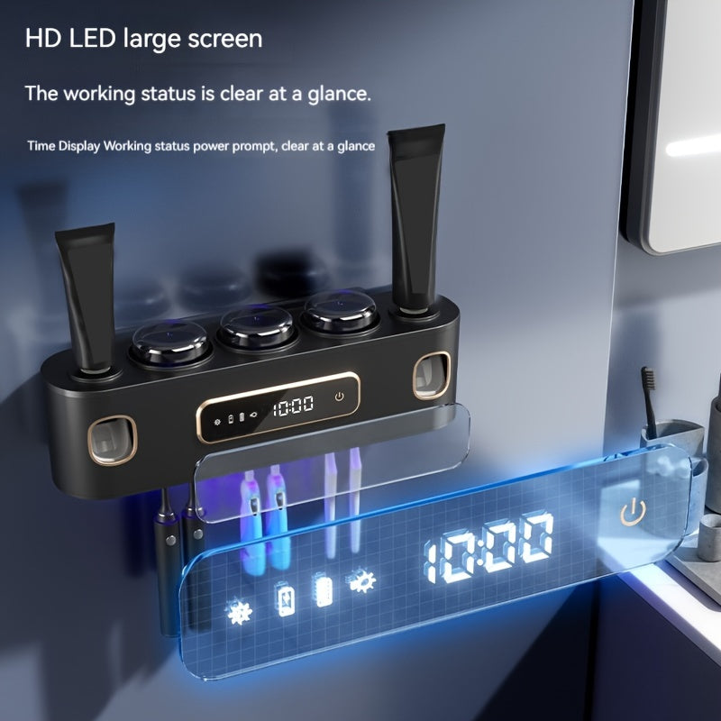 Black Wall-Mounted USB Rechargeable Smart Toothbrush Holder with Double Toothpaste Dispenser