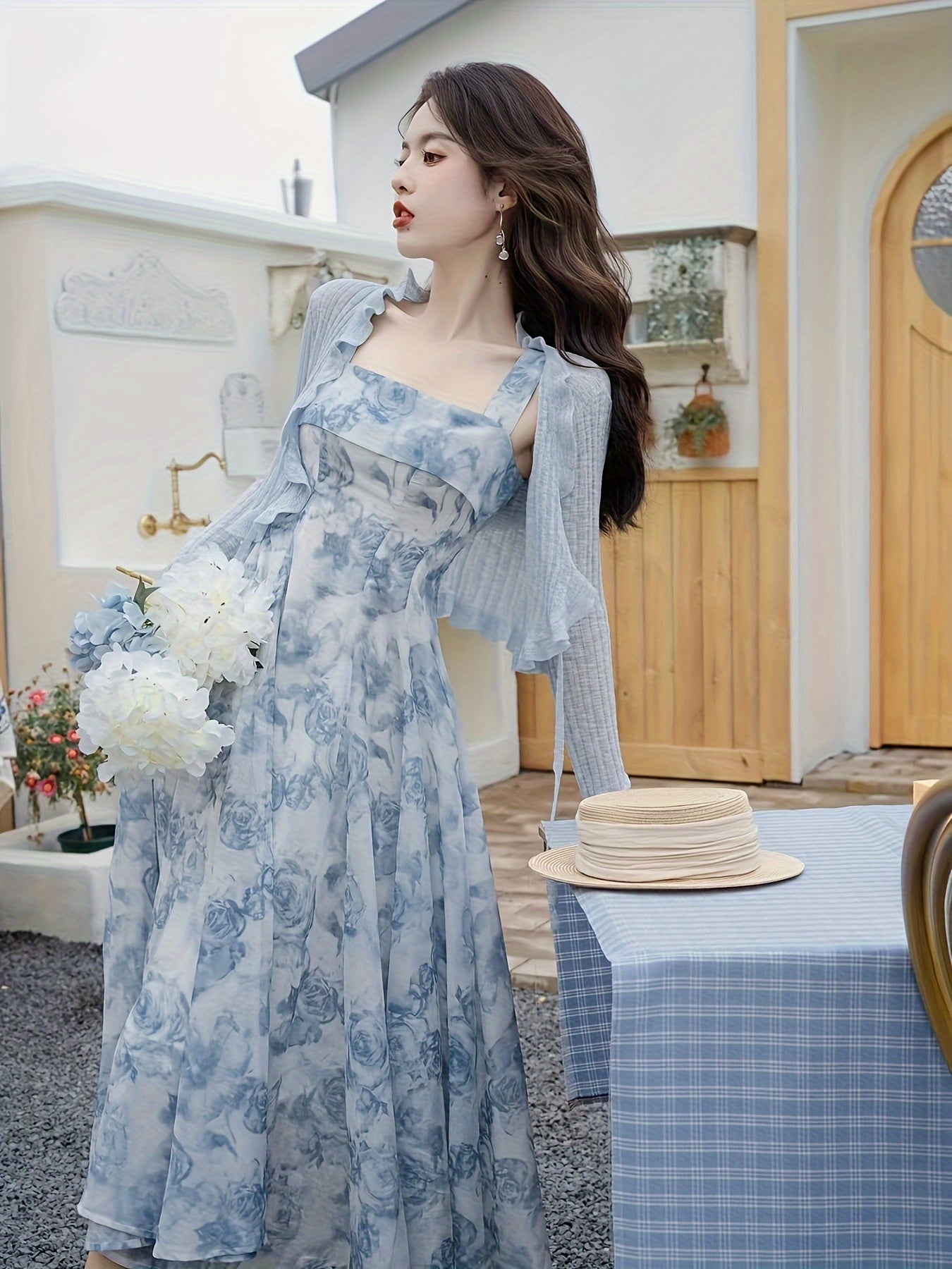 Gul naqshli belbog'li ko'ylak to'plami, ribbed kardigan va A-line ko'ylak, ayollar kiyimlari.