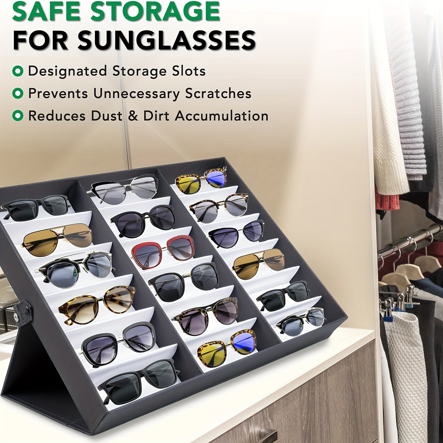 Upgraded 18-Slot Glasses Organizer with Clear Lid Fabric Lining and Snap Closure