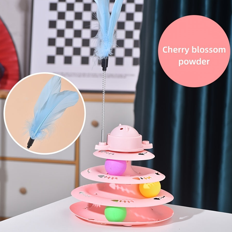 Прочный игровой комплекс для кошек включает вращающиеся шарики, 4-уровневую дорожку, перьевую игрушку и неэлектрический дизайн.