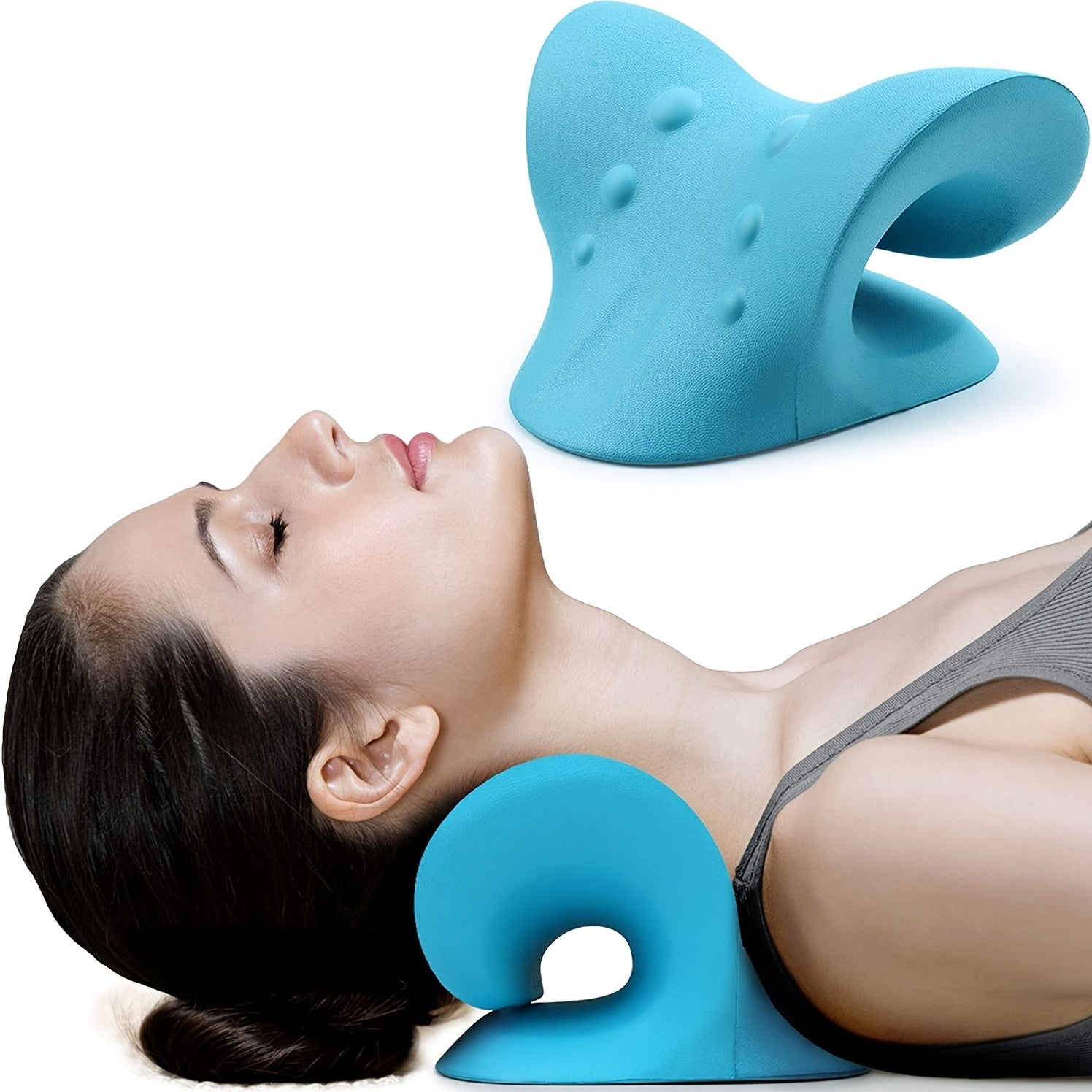 Neck and Shoulder Relaxer Pillow with Cervical Traction Memory Foam Cover Blue Medium Hardness