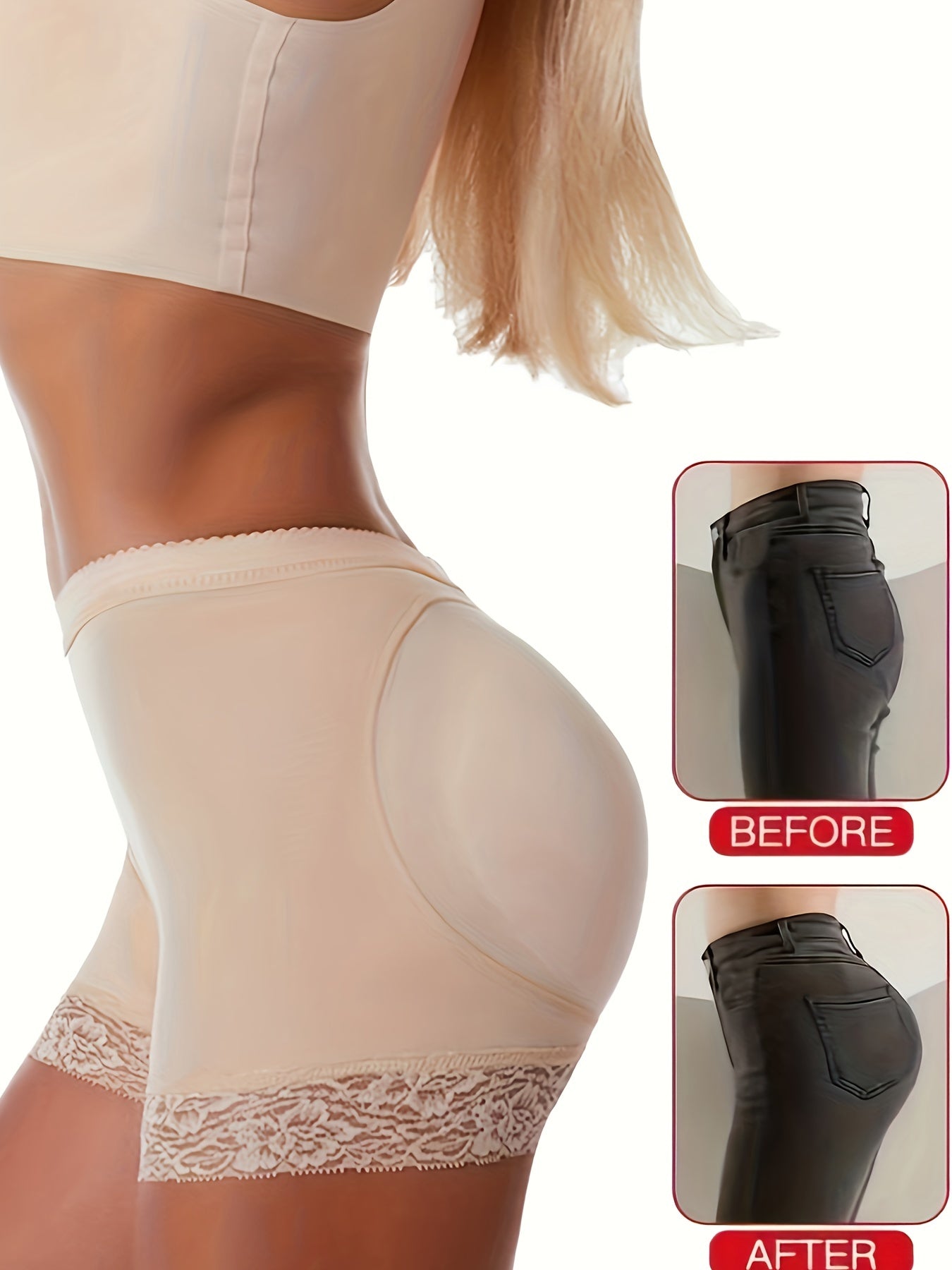 High-Waisted Beige Boyshort Panties with Removable Padded Mesh Butt Enhancer for Lingerie and Underwear
