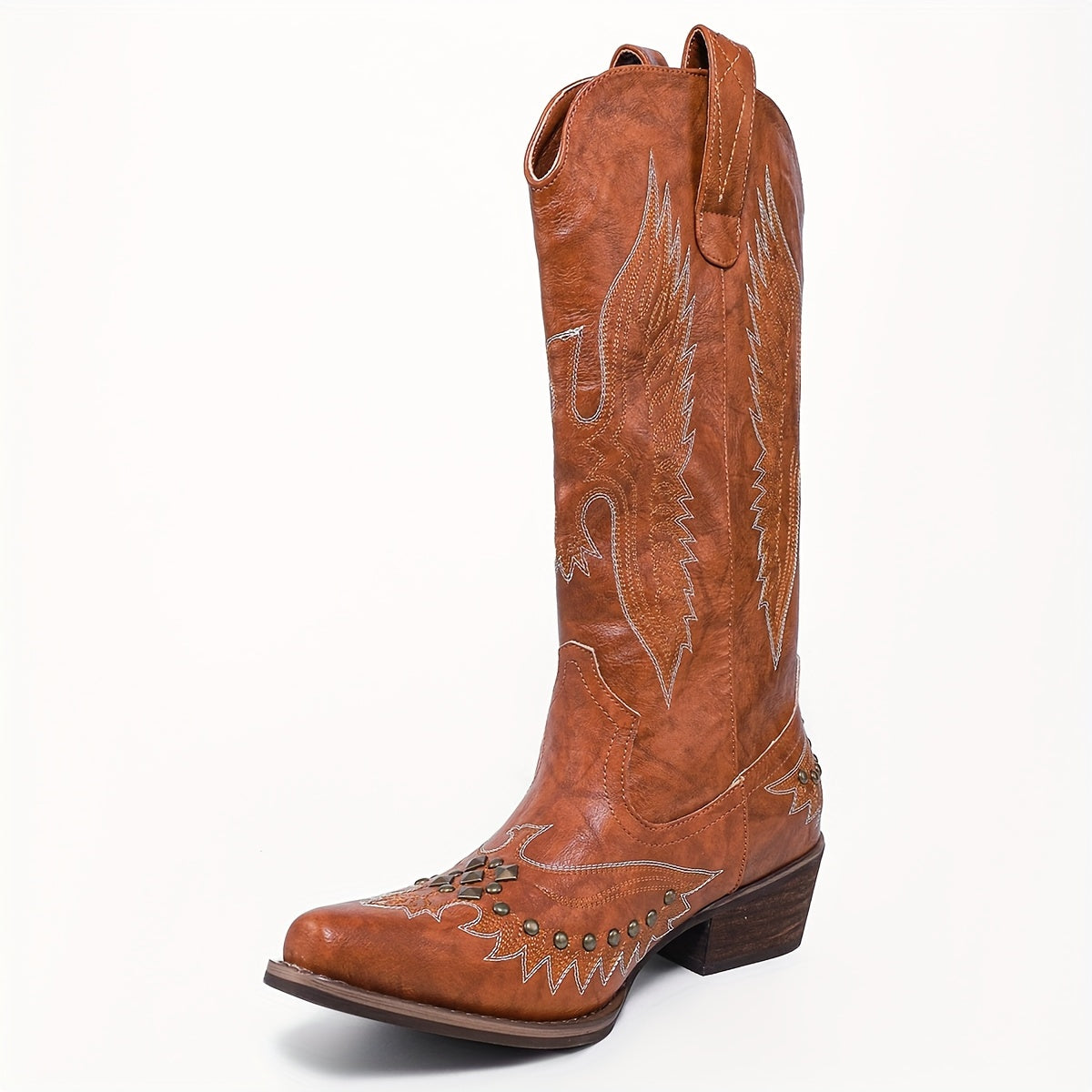 Women's Studded Western Cowboy Boots Pull-On Chunky Heel Mid Calf