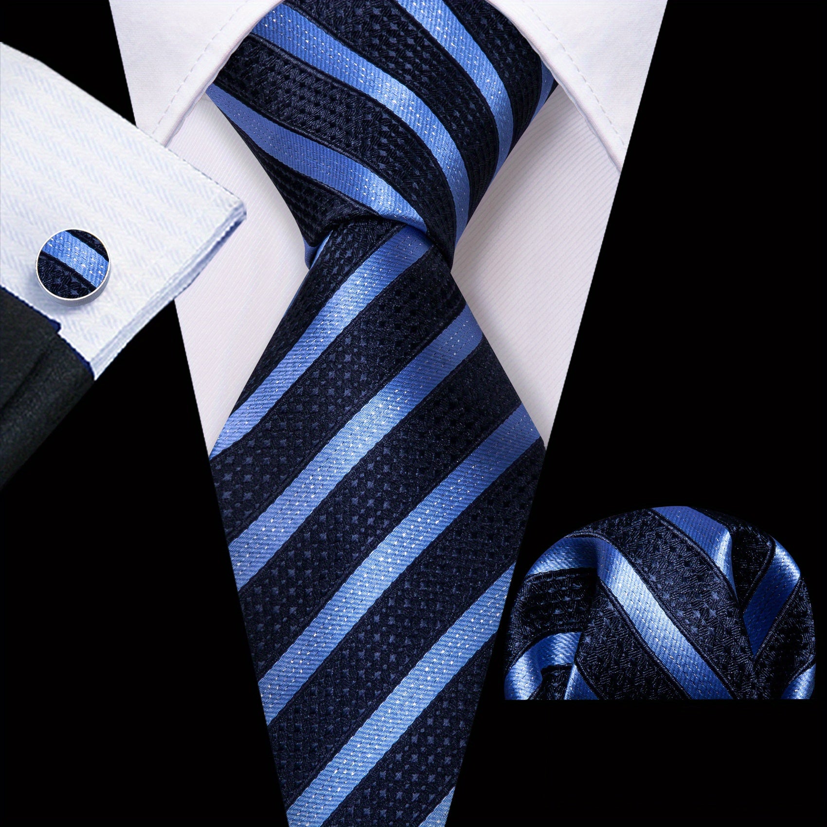 Men's Classic Striped Tie Set with Matching Handkerchief and Cufflinks for Formal and Casual Wear