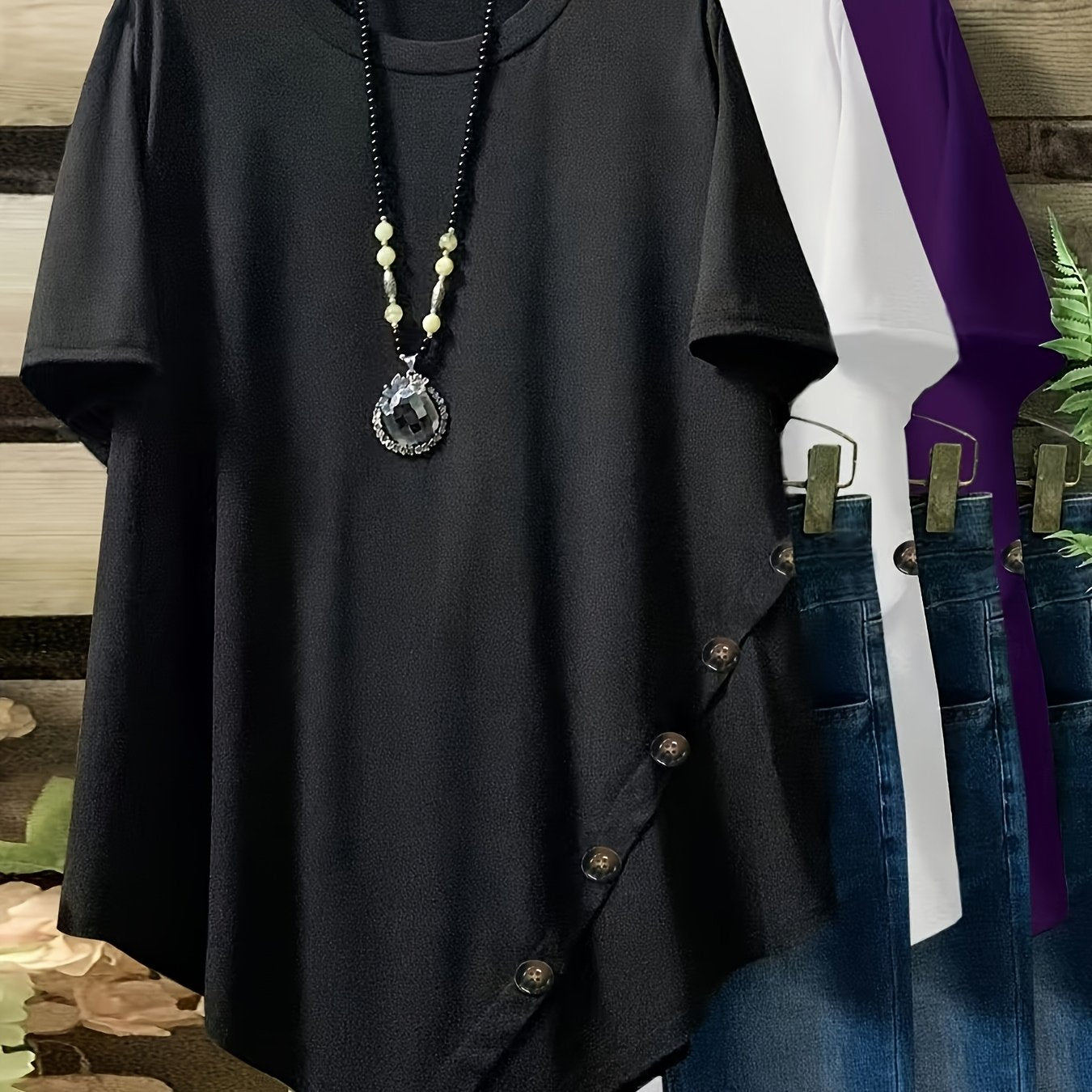 Women's Plus Size Loose Fit Short Sleeve Casual T-Shirts with Button and Asymmetrical Hem