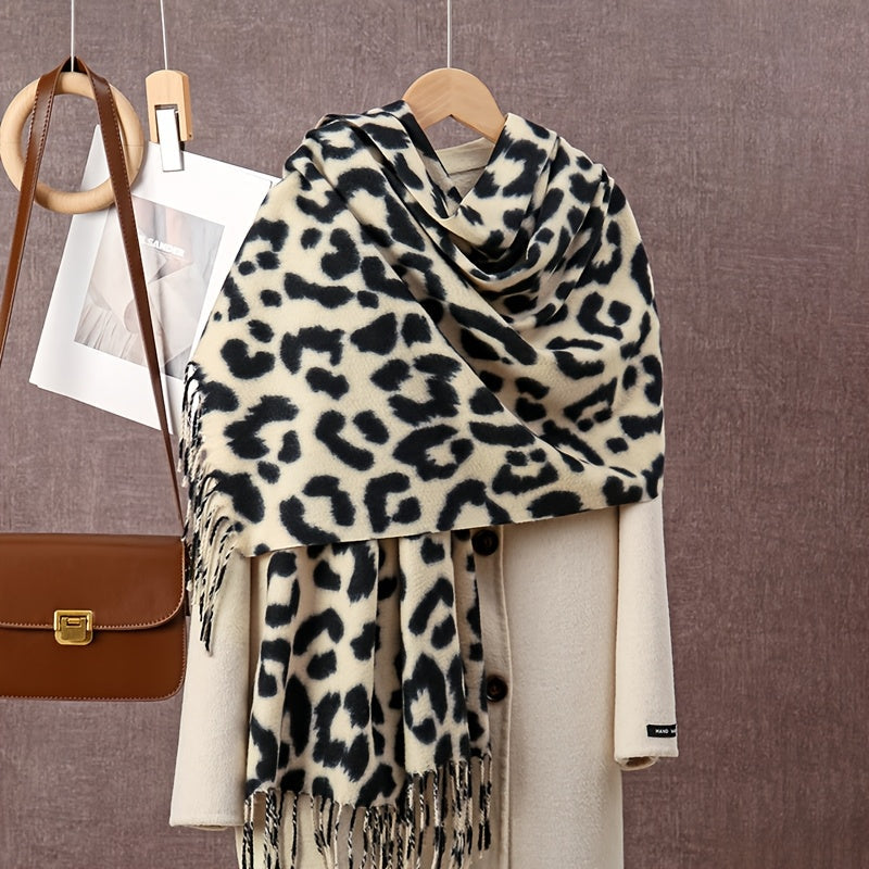 Faux Fleece Leopard Print Scarf with Tassels Warm Cozy Fashion Accessory