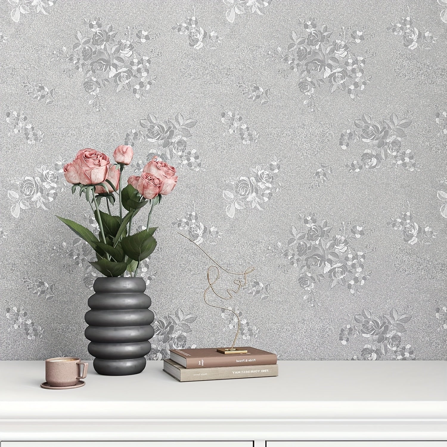 Silver Gray Floral Vinyl Wallpaper Roll Self-Adhesive Removable for Home Decor