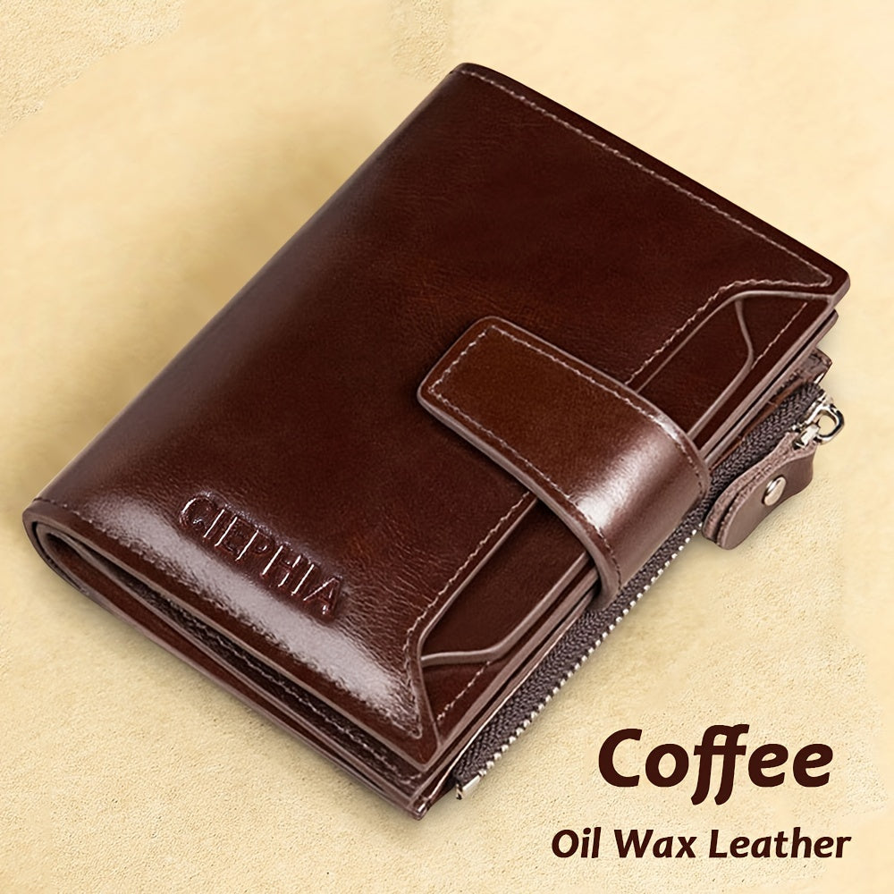Men's Genuine Leather Wallet RFID Blocking Zipper Coin Pocket Vintage Dark Brown