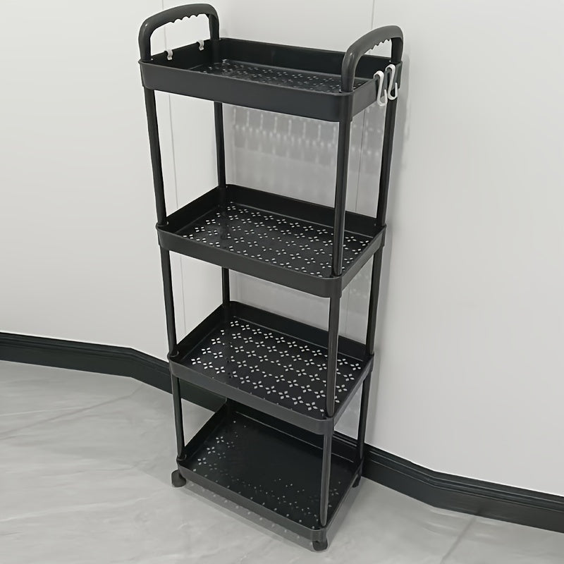4-Tier Rolling Cart with Wheels and Lockable Casters for Kitchen and Bathroom Black Plastic Basket Included