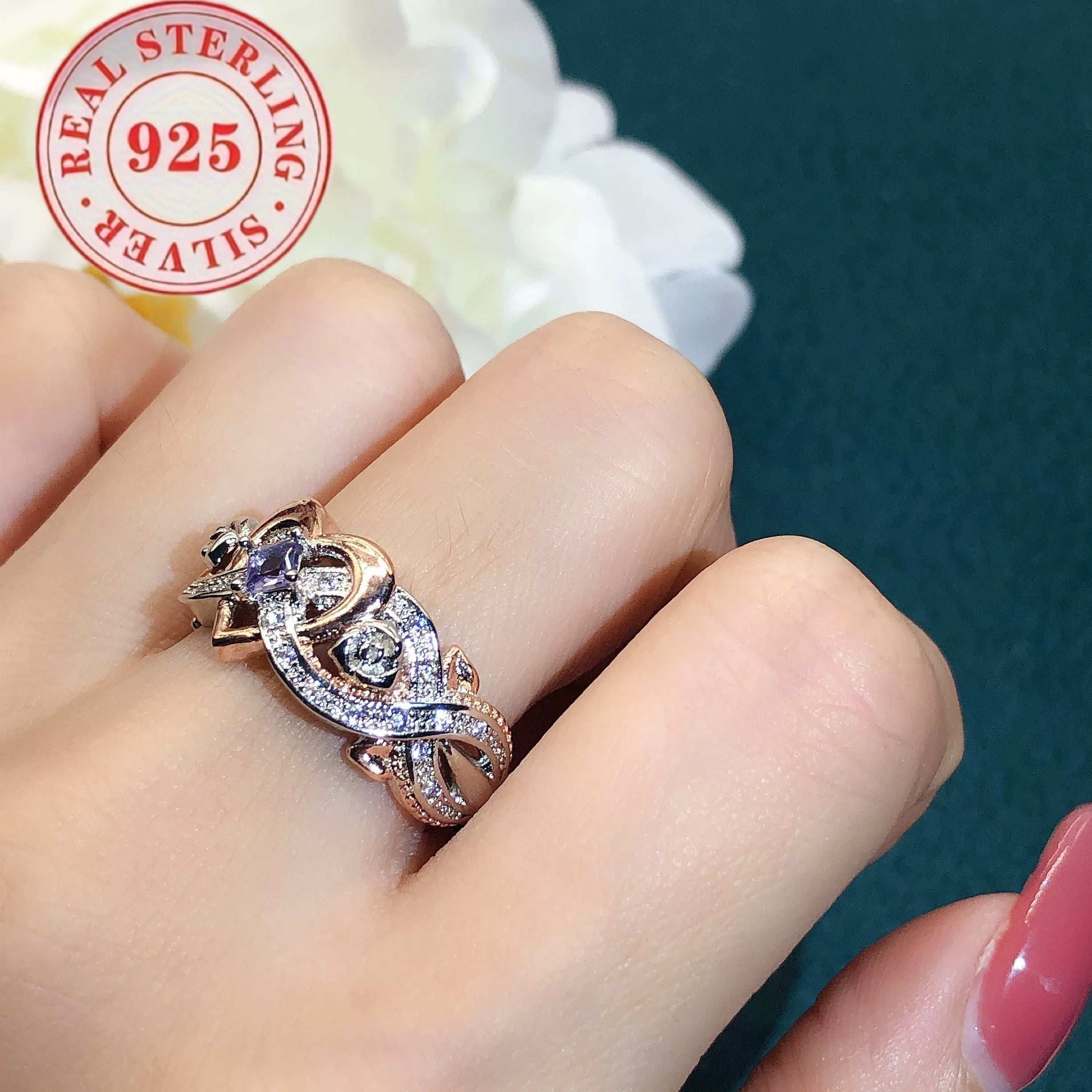 Women's Heart Shaped Sterling Silver Engagement Ring with Purple Cubic Zirconia